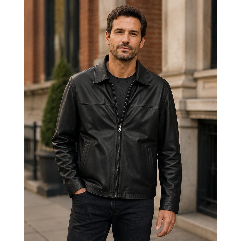 Tommy Hilfiger Men's Black Leather Jacket 2XLT Herringbone Lined
